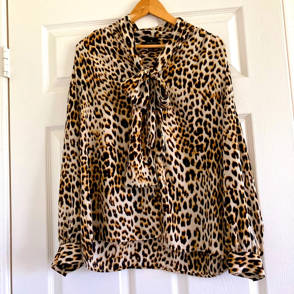 Leopard Print Tie Neck Blouse